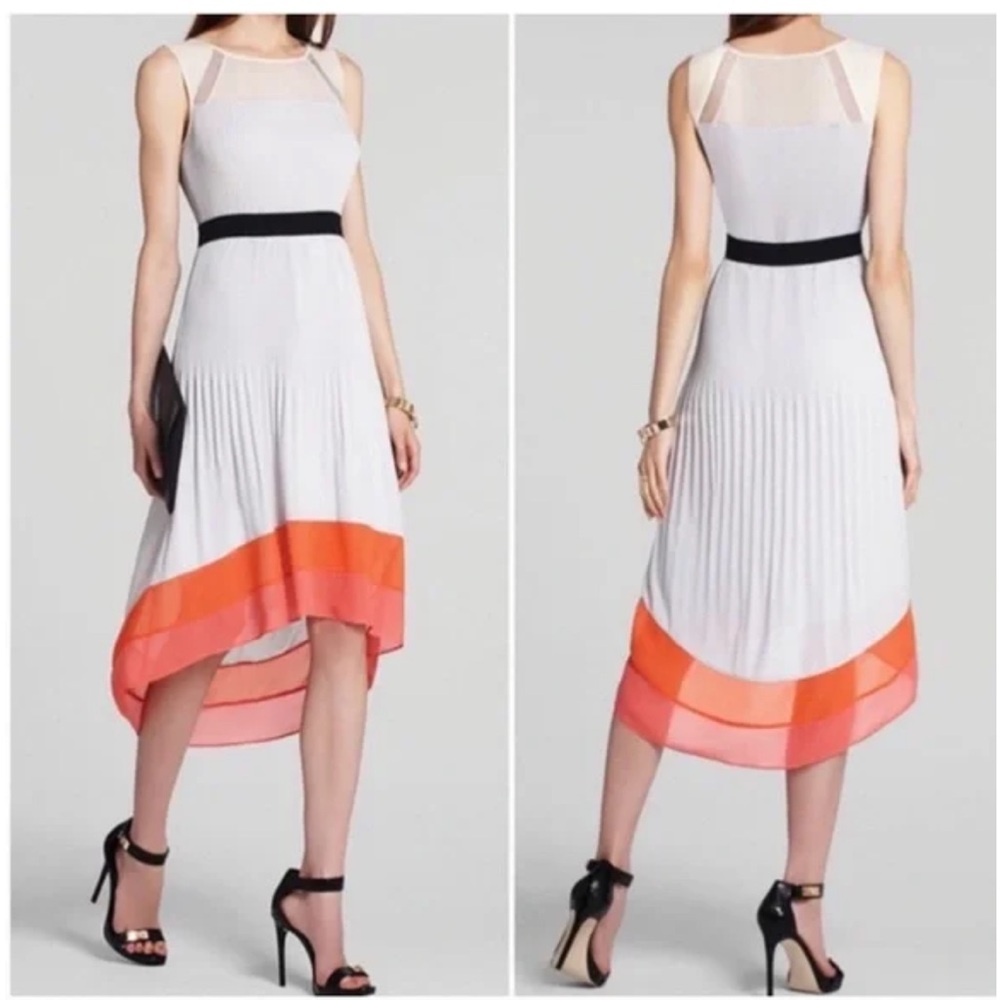 BCBGMaxAzria Alicia Chiffon Silk Trim High Low Pleated Sleeveless Dress
